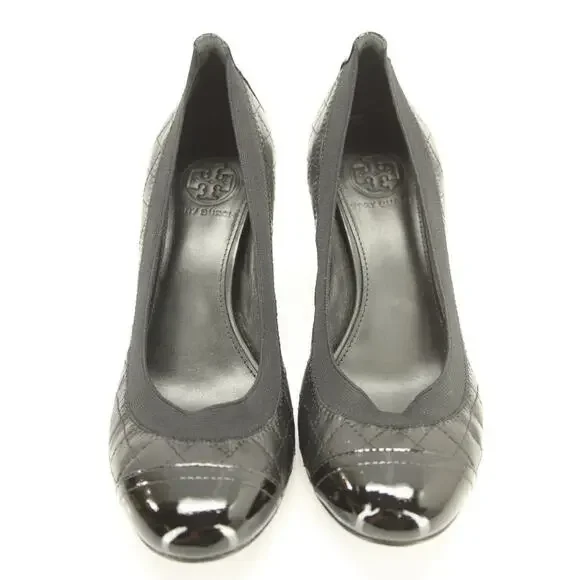 Tory Burch Black Leather Carrie Cap Toe Ballet Heels Pumps Size 7.5 Logo